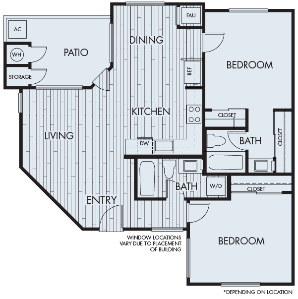 Floor plan for 2 beds, 2 baths, 962 sqft